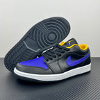 Low-top sneaker with dark leather, purple toe panel, purple Swoosh, white sole.