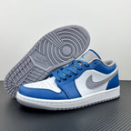 Air Jordan 1 Low sneakers with gray rubber outsole and white-and-blue upper
