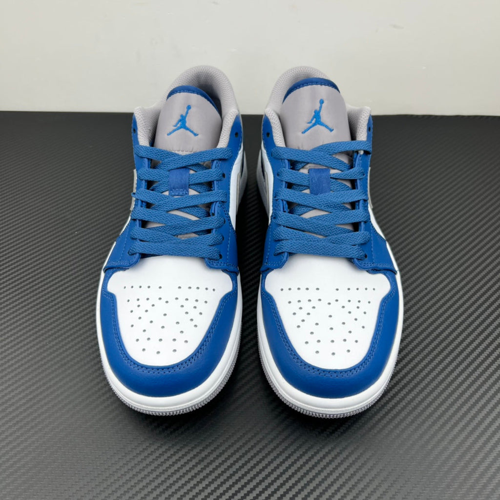 Air Jordan 1 Low sneakers, front view pair in white and blue with blue laces