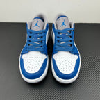 Air Jordan 1 Low sneakers, front view pair in white and blue with blue laces