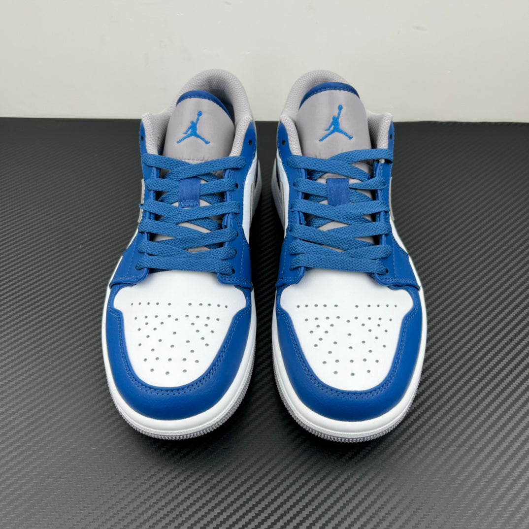 Air Jordan 1 Low sneakers, front view pair in white and blue with blue laces