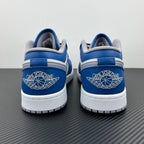 Air Jordan 1 Low sneakers, back view pair with blue heel panels and white outsole