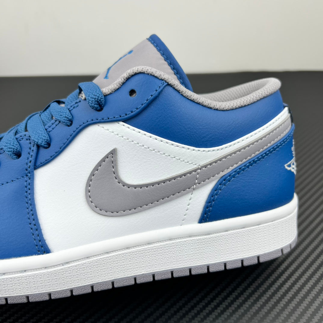 Air Jordan 1 Low sneaker side close-up in white and blue with gray Swoosh
