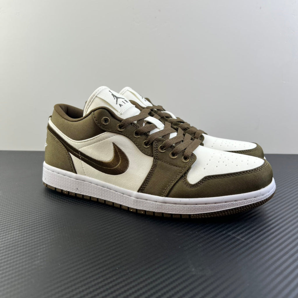 Low-top sneakers in olive and white with brown laces, side Swoosh and padded collar