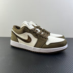 Low-top sneakers in olive and white with brown laces, side Swoosh and padded collar