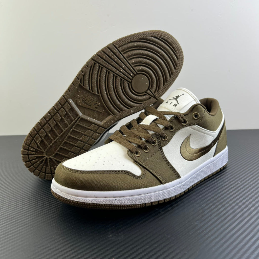 Low-top sneakers in olive and white with side Swoosh and matching treaded outsole