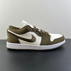 Low-top sneakers in olive and white, side view with Swoosh and perforated toe panel