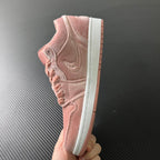 Air Jordan 1 Low pink velvet suede sneakers, quarter view with heel tab