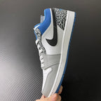 Low-top sneaker back and side view with blue collar and speckled heel panel