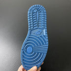 Blue rubber outsole with textured traction pattern and Jumpman branding