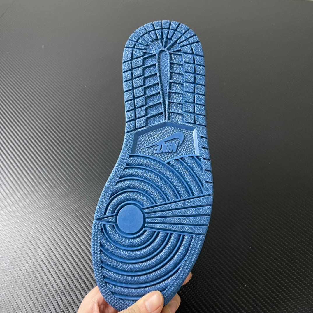 Blue rubber outsole with textured traction pattern and Jumpman branding