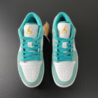 Air Jordan 1 Low sneakers pair in teal and white, heel view with Air logo