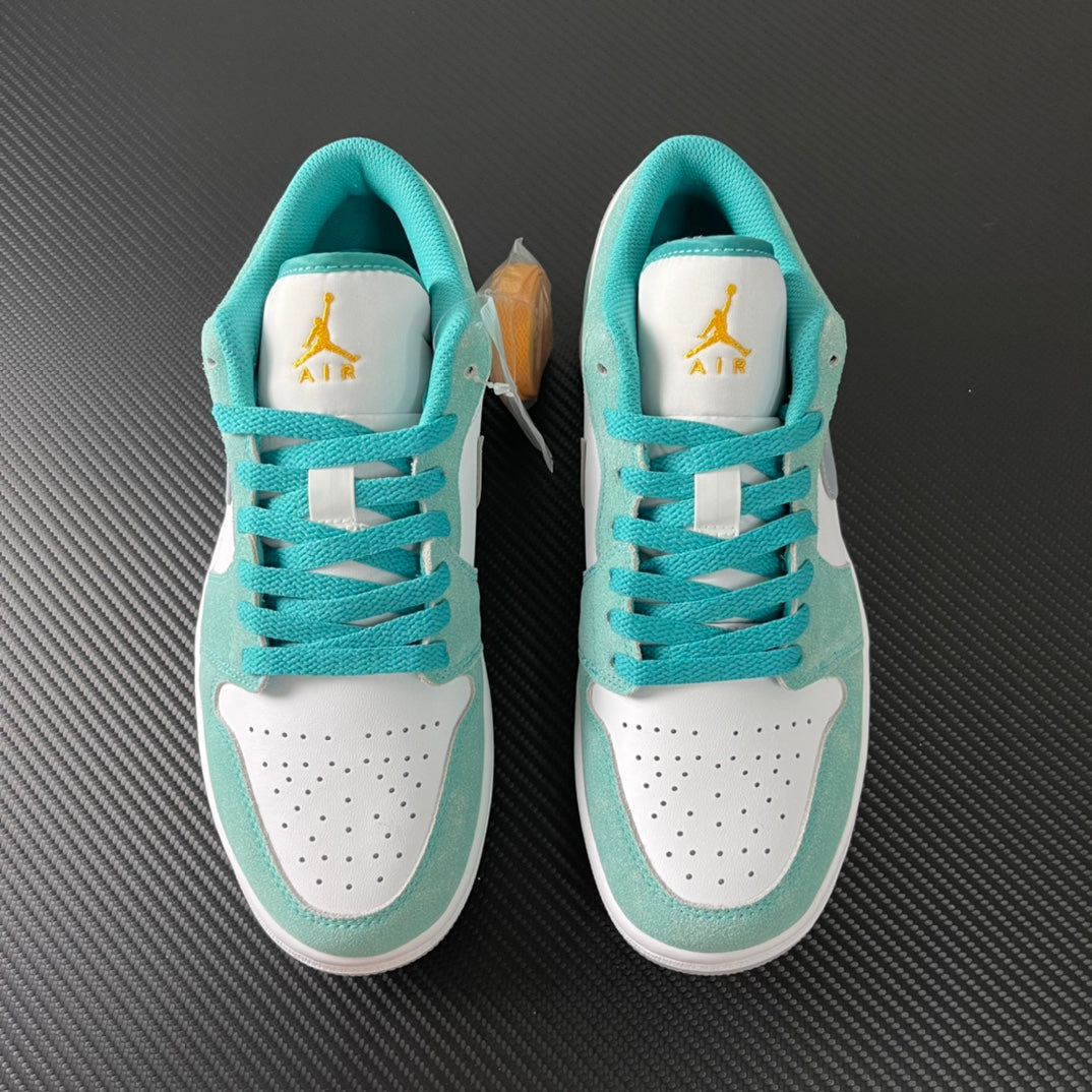 Air Jordan 1 Low sneakers pair in teal and white, heel view with Air logo
