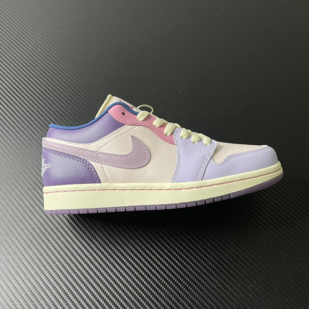 Low-top sneakers with lilac and cream panels, lime-green laces