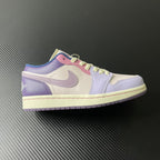Low-top sneakers with lilac and cream panels, lime-green laces