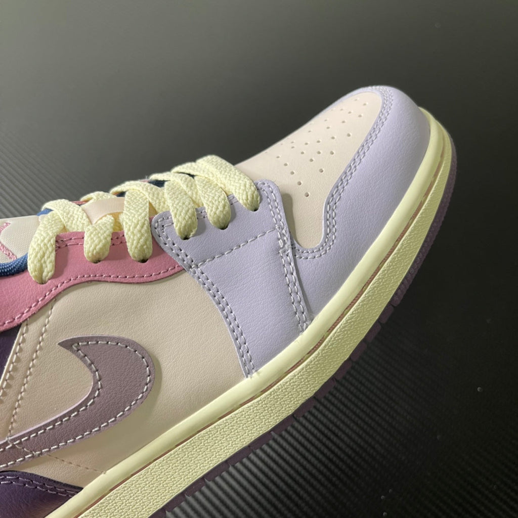 Low-top sneaker side view with lilac leather, cream panel, lime-green laces