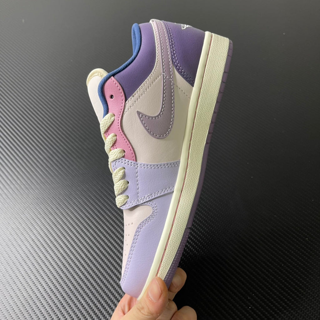 Low-top sneaker angled view with lilac and cream upper, lime-green laces