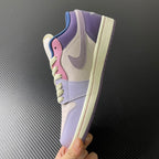 Low-top sneaker angled view with lilac and cream upper, lime-green laces