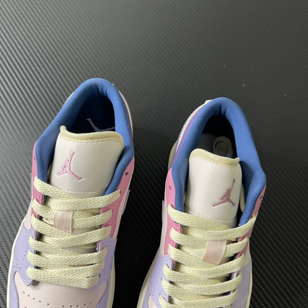 Two low-top sneakers heel and collar view with blue lining and lilac overlays