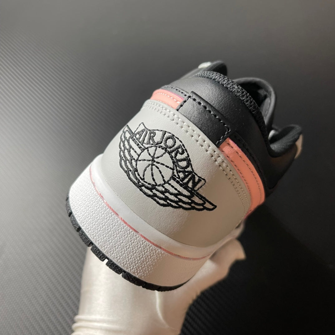 Low-top Air Jordan 1 heel, white panel with black leather and pink trim, Jordan logo