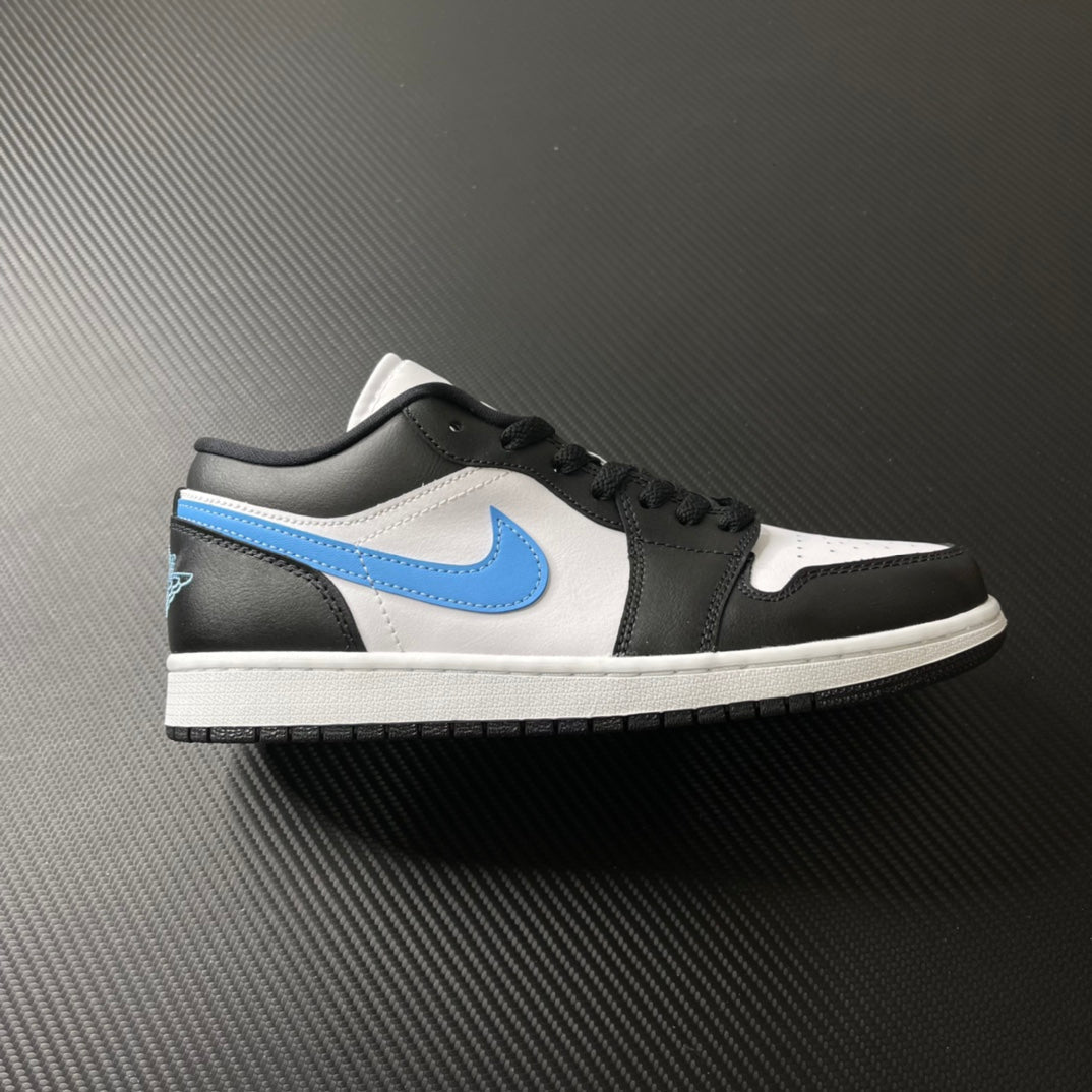 Low-top sneakers with black, white, and light blue panels; black laces and Nike Swoosh.