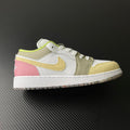 Low-top sneaker in white, pink and olive with neon green laces