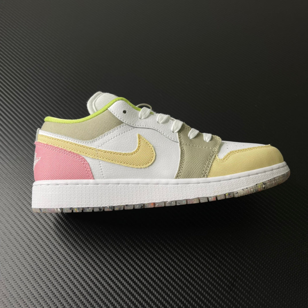 Low-top sneaker in white, pink and olive with neon green laces