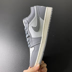 Low-top sneakers, white and light gray leather with high side panel and cream sole