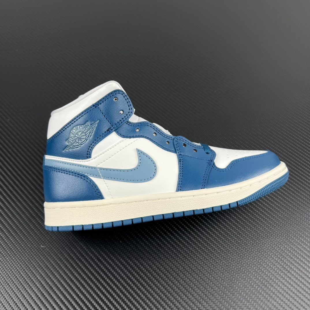 Mid-top sneakers with white base, light blue panels, and blue laces; white midsole.