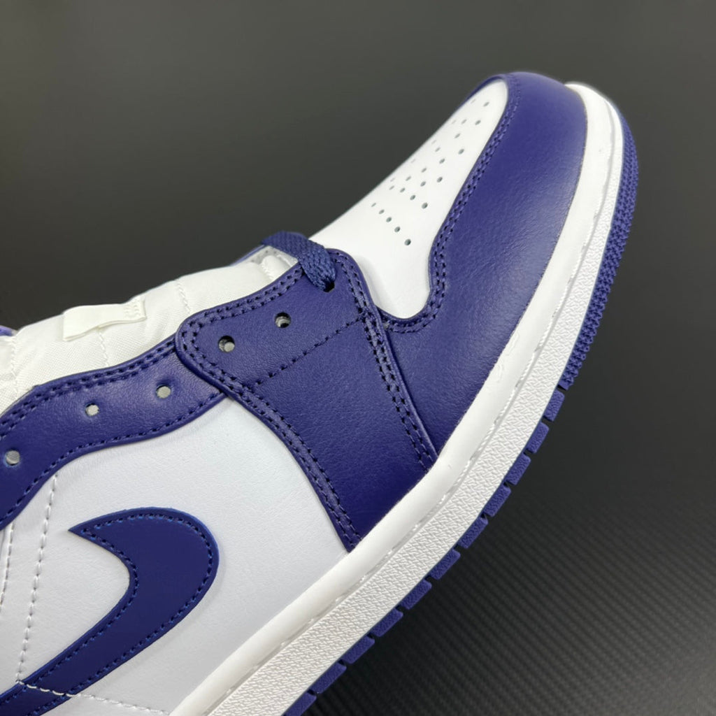 Mid-top sneakers in white with purple-blue panels and perforated toe