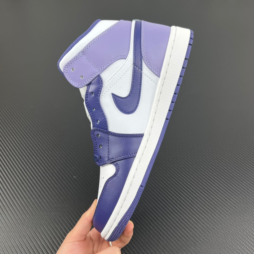 Mid-top sneakers with white and purple-blue leather uppers and padded ankle collar
