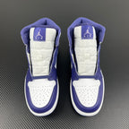 Pair of mid-top sneakers with white uppers, purple-blue collars, and Air branding on heels