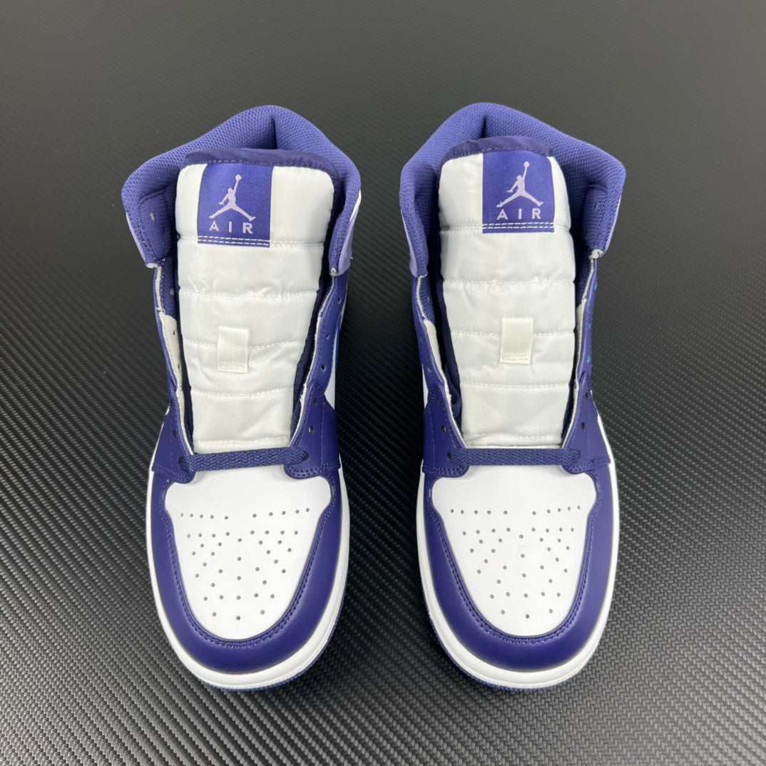 Pair of mid-top sneakers with white uppers, purple-blue collars, and Air branding on heels