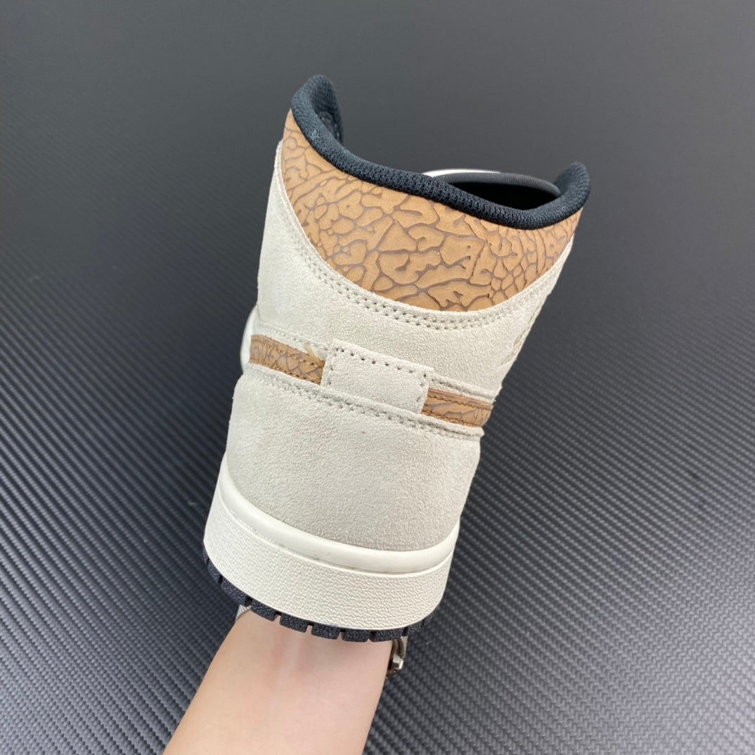 White Air Jordan 1 Mid heel with tan lining, navy collar, and white midsole