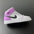 Air Jordan 1 Mid high-top sneakers, white leather with purple panels and black swoosh