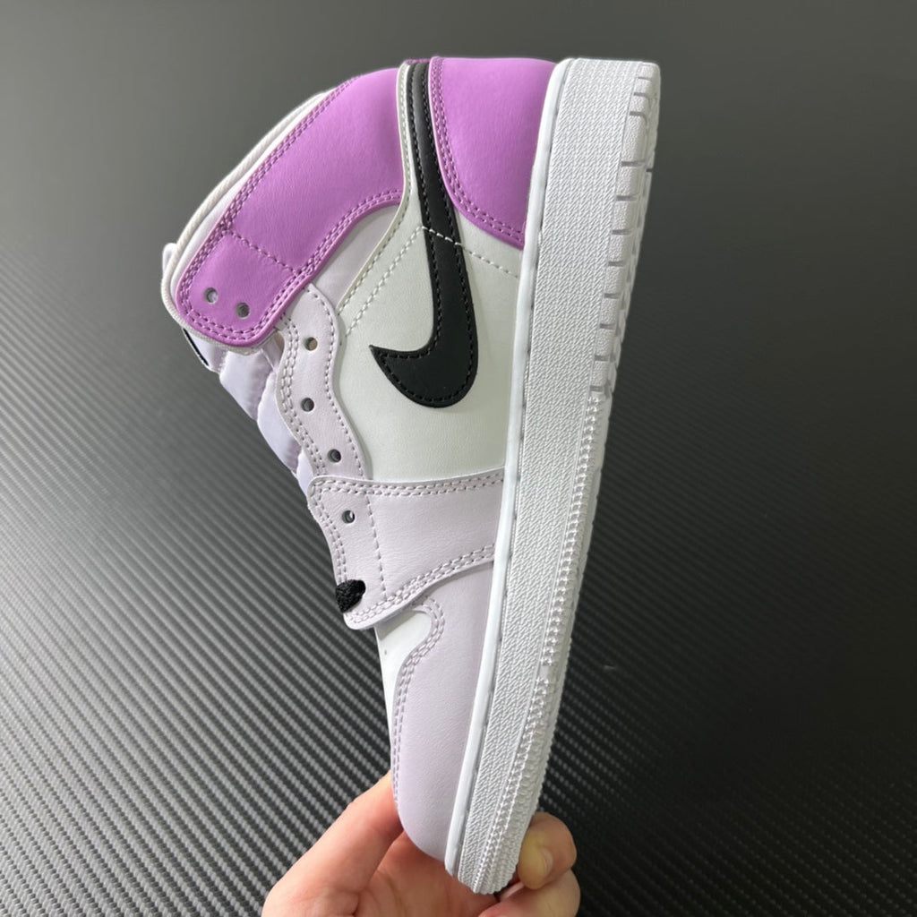 Air Jordan 1 Mid side profile, purple ankle collar and black swoosh on white upper