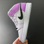 Air Jordan 1 Mid side profile, purple ankle collar and black swoosh on white upper