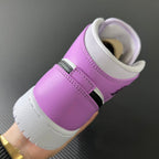 Air Jordan 1 Mid heel and collar, purple leather heel wrap with white lining