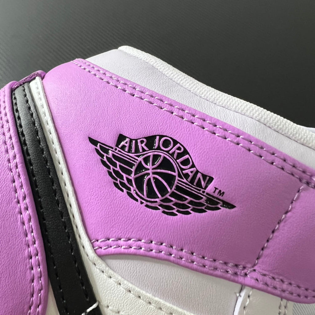 Air Jordan 1 Mid side logo, purple leather panel with Air Jordan wing emblem