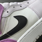 Air Jordan 1 Mid side swoosh, black logo on white leather with purple trim