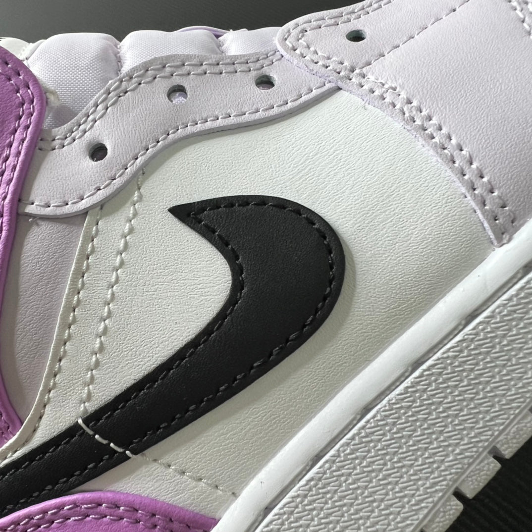Air Jordan 1 Mid side swoosh, black logo on white leather with purple trim