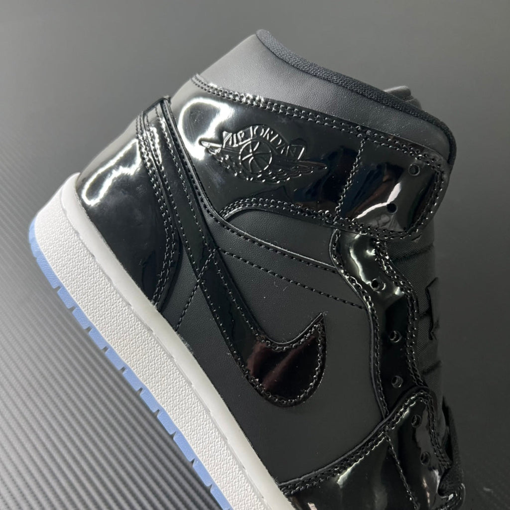 Mid-top sneakers, dark black high-shine leather with side swoosh detail