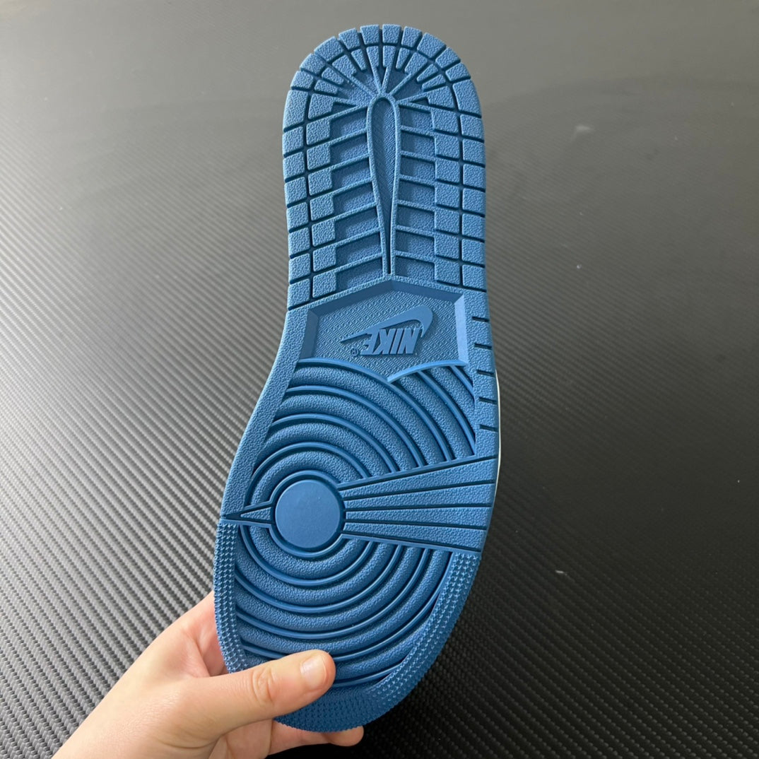 Blue rubber outsole with traction tread and Air logo