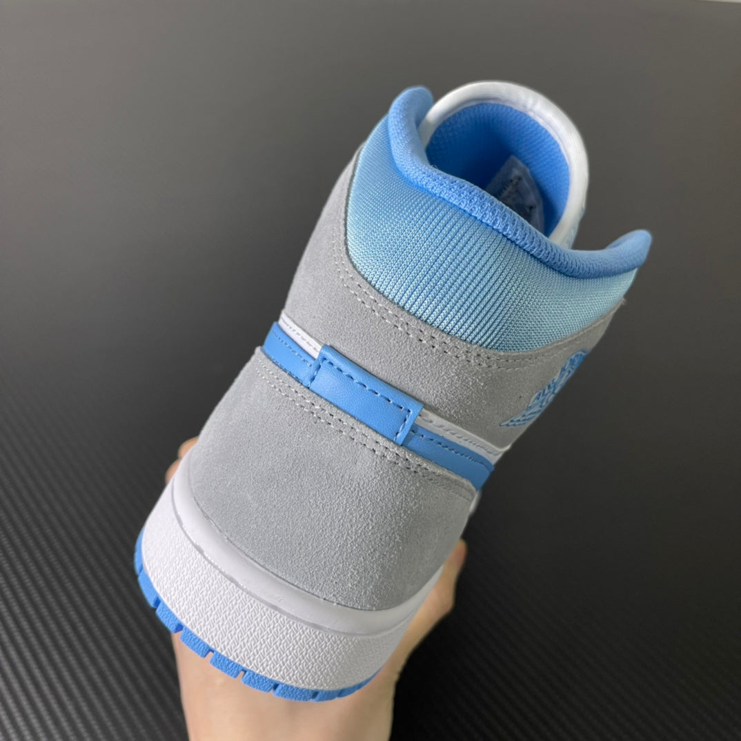 Back view of mid-top sneakers in white, gray, and light blue with padded collar and strap.