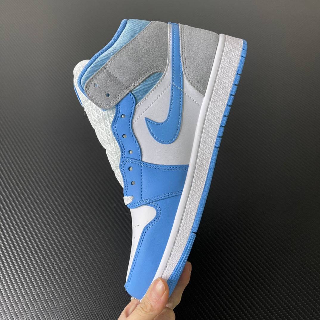 Mid-top sneakers side view with white leather, light blue overlays, and blue-accented sole.