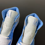 Mid-top sneakers heel area close-up with Air Jordan logos on light blue lined interior.