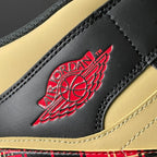 Side logo patch on black leather mid-top sneaker with red basketball wing emblem
