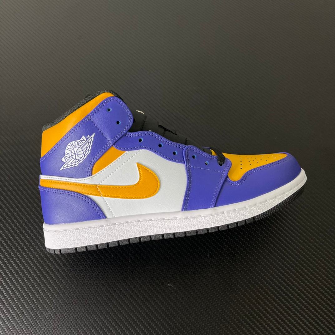 Mid-top sneakers in purple, yellow and white with side Air logo and perforated toe