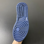Blue rubber outsole with traction pattern and Jordan logo at the heel