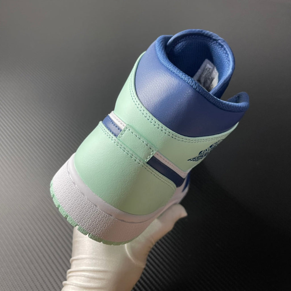 Back view mid-top sneakers with blue collar and mint heel panel